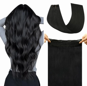 Wire Hair Extensions Fish Line Hair Extensions Jet Black Extensions, Invisible Wire Hair Extensions Real Human Hair Straight 14inch 70g Adjustable Size Hair Extensions(#1-14inch)