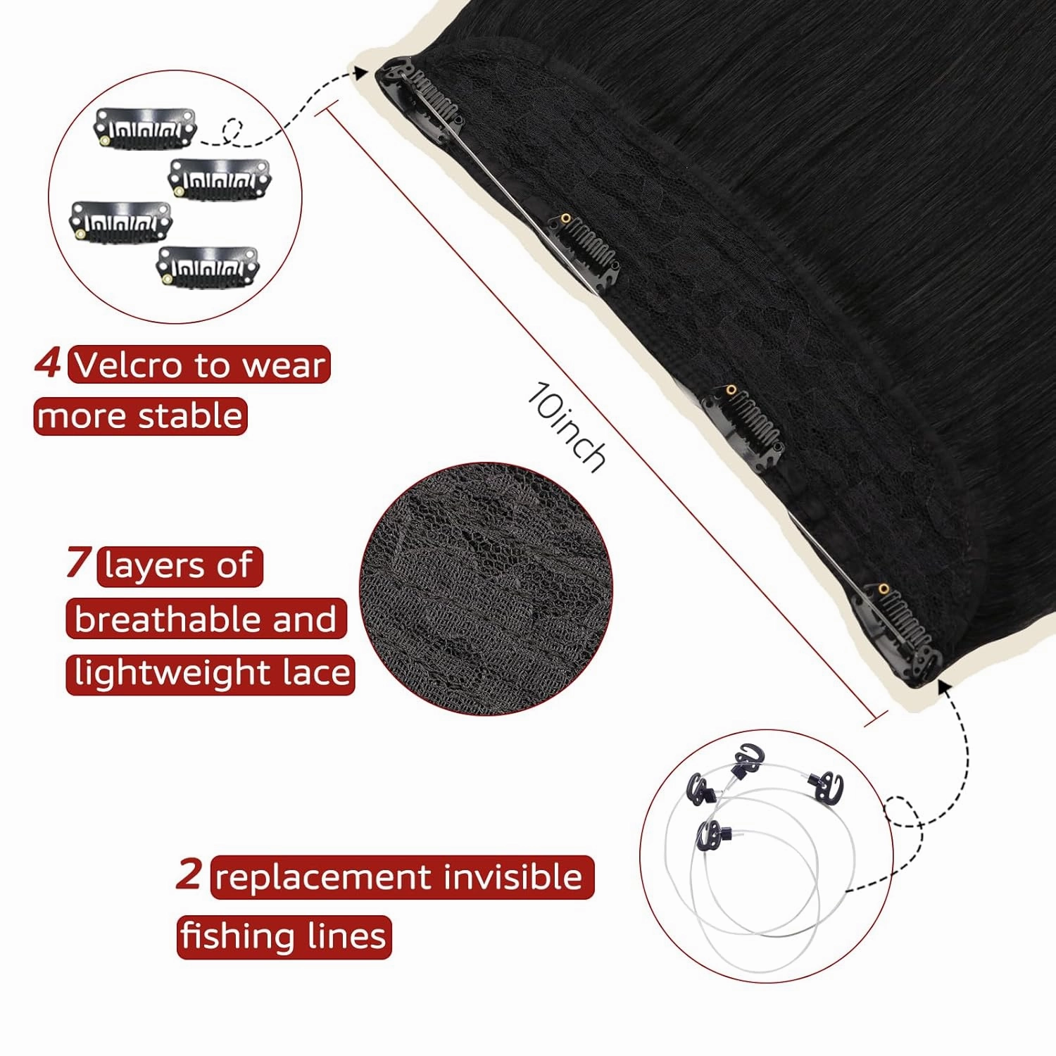 Wire Hair Extensions Fish Line Hair Extensions Jet Black Extensions, Invisible Wire Hair Extensions Real Human Hair Straight 14inch 70g Adjustable Size Hair Extensions(#1-14inch)