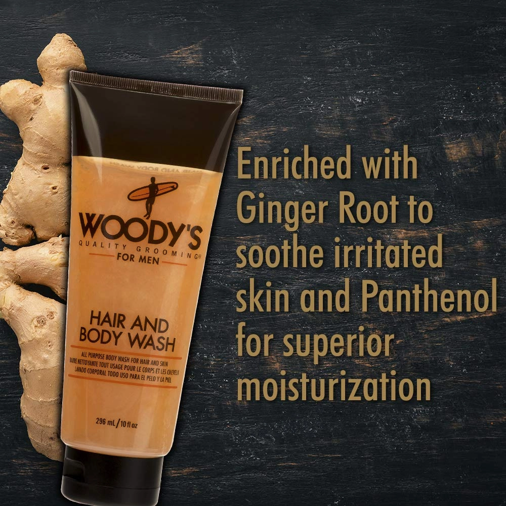 Woody's Hair and Body Wash for Men – 2-in-1 Sulfate-Free Cleanser & Body Wash, Deep Cleansing, Hydrating, Fresh Scent, 10 oz, 2 Pack