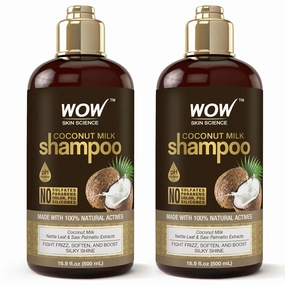 WOW Skin Science Natural Coconut Milk Shampoo For Hair Growth, Curly & Wavy Hair, Men & Women - Hydrating Shampoo with No Sulfates, No Parabens (16.9 Fl Oz (Pack of 2))