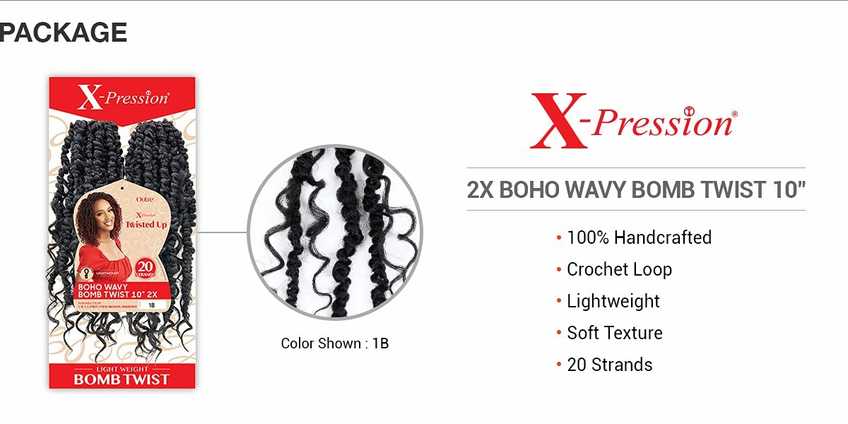 XPRESSION Outre Crochet Braids X-Pression Twisted Up 2X Boho Wavy Bomb Twist 10'' (1-pack, 1B)