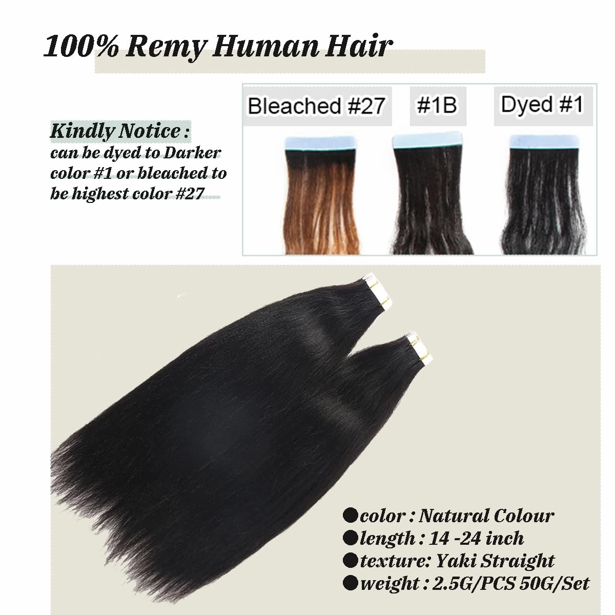 Yaki Straight Tape in Hair Extensions Human Hair Light Yaki Skin Weft Tape in Extensions Human Hair #1B Natural Color Yaki Straight Tape ins Extensions for Black Women 14"