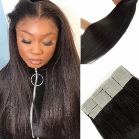 Yaki Straight Tape in Hair Extensions Human Hair Light Yaki Skin Weft Tape in Extensions Human Hair #1B Natural Color Yaki Straight Tape ins Extensions for Black Women 14"