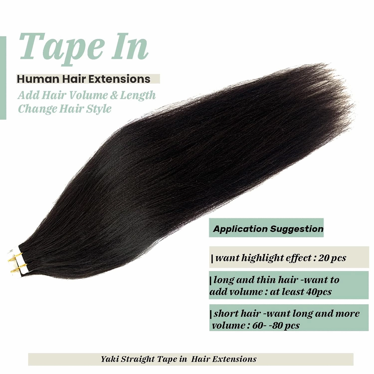 Yaki Straight Tape in Hair Extensions Human Hair Light Yaki Skin Weft Tape in Extensions Human Hair #1B Natural Color Yaki Straight Tape ins Extensions for Black Women 14"