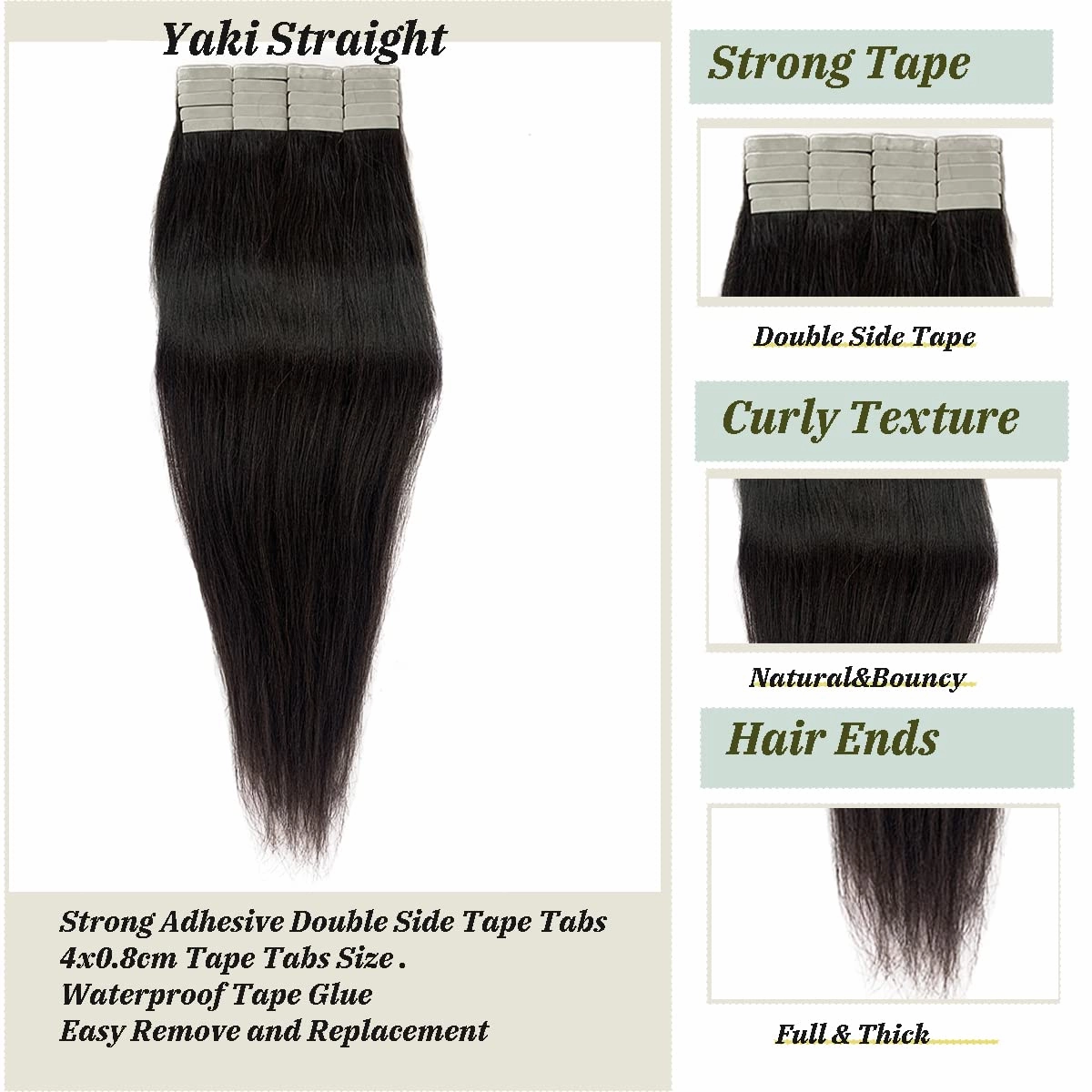 Yaki Straight Tape in Hair Extensions Human Hair Light Yaki Skin Weft Tape in Extensions Human Hair #1B Natural Color Yaki Straight Tape ins Extensions for Black Women 14"