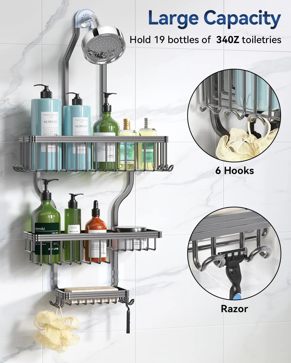 YASONIC Shower Caddy Hanging - Never Rust Organizer - Aluminum over The head caddy with 10 Hooks for Razor/Sponge - Shower Rack with Soap Basket - Grey