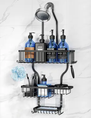 YASONIC Shower Caddy Hanging - Never Rust Shower Organizer - Aluminum over The shower head caddy with 10 Hooks for Razor/Sponge - Shower Rack with Soap Basket - Black