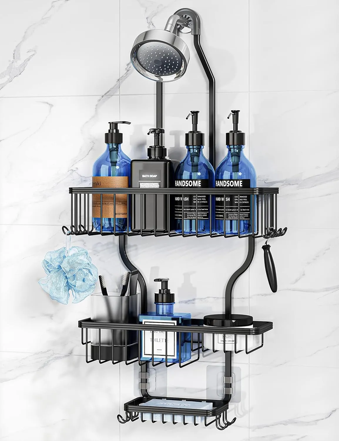 YASONIC Shower Caddy Hanging - Never Rust Shower Organizer - Aluminum over The shower head caddy with 10 Hooks for Razor/Sponge - Shower Rack with Soap Basket - Black