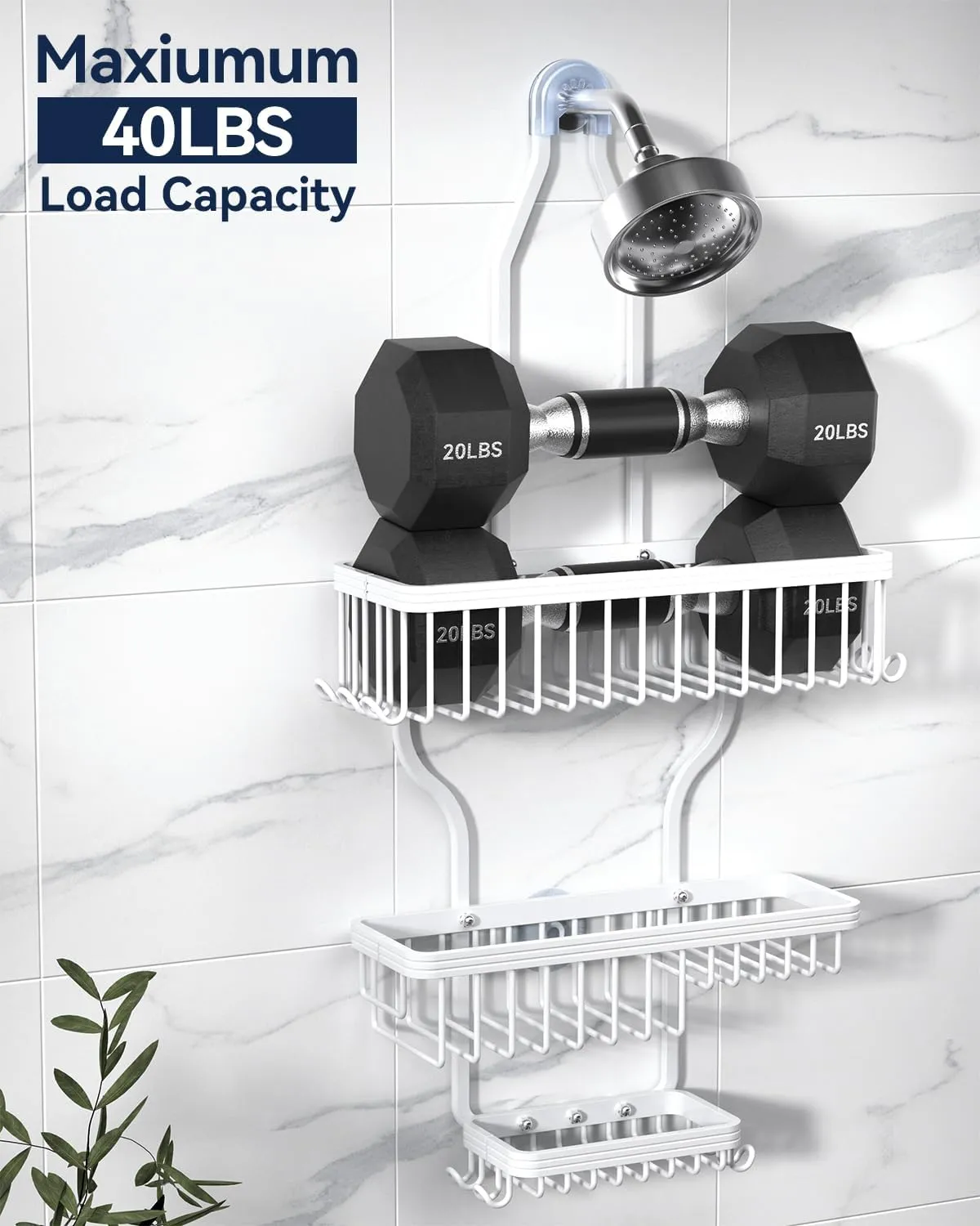 YASONIC Shower Caddy Hanging - Never Rust Shower Organizer - Aluminum over The shower head caddy with 10 Hooks for Razor/Sponge - Shower Rack with Soap Basket - White