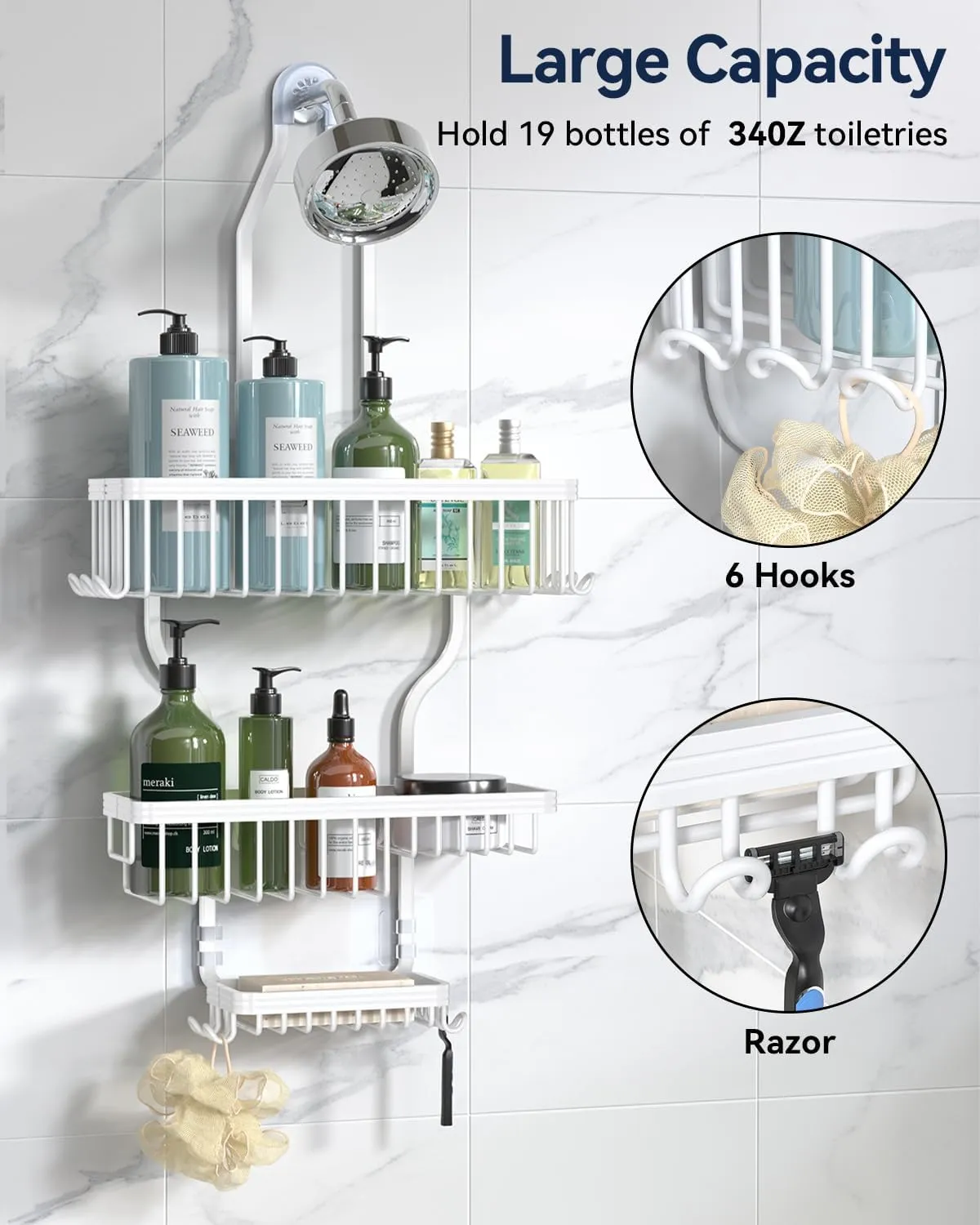 YASONIC Shower Caddy Hanging - Never Rust Shower Organizer - Aluminum over The shower head caddy with 10 Hooks for Razor/Sponge - Shower Rack with Soap Basket - White