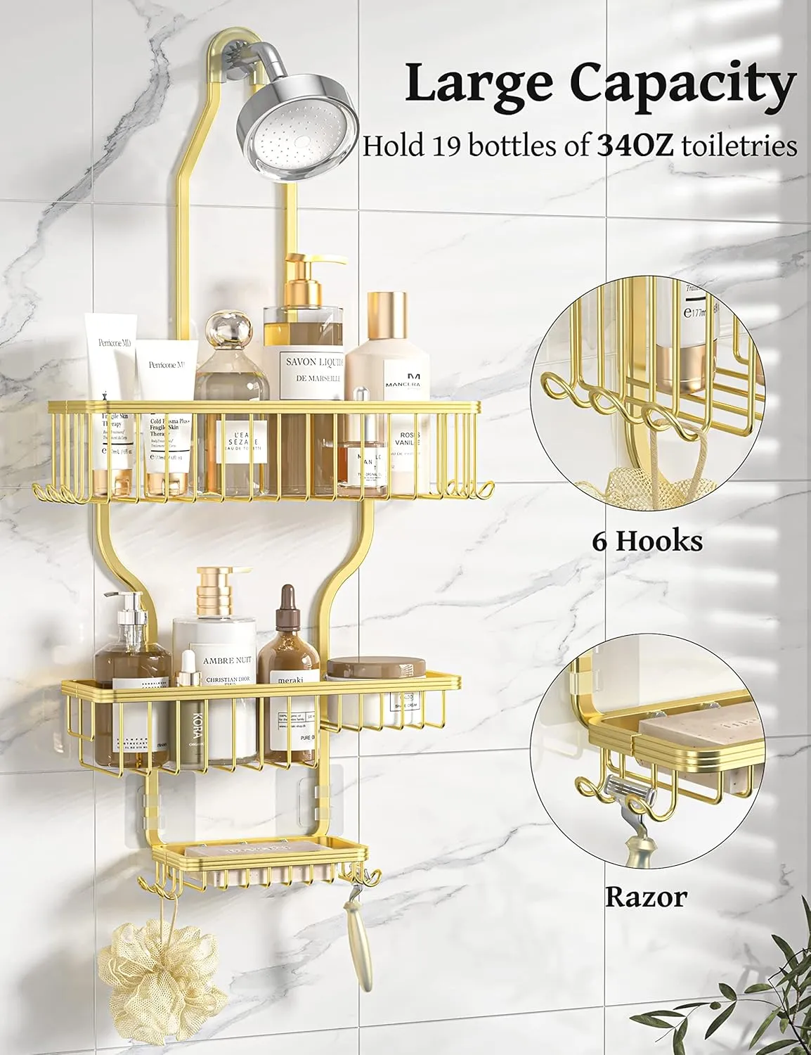 YASONIC Shower Caddy Over Shower Head Never Rust Aluminum Large Hanging Shower Caddy with 10 Hooks for Razor/Sponge - Over The Shower Head Caddy with Soap Basket - Hanging Shower Organizer Gold